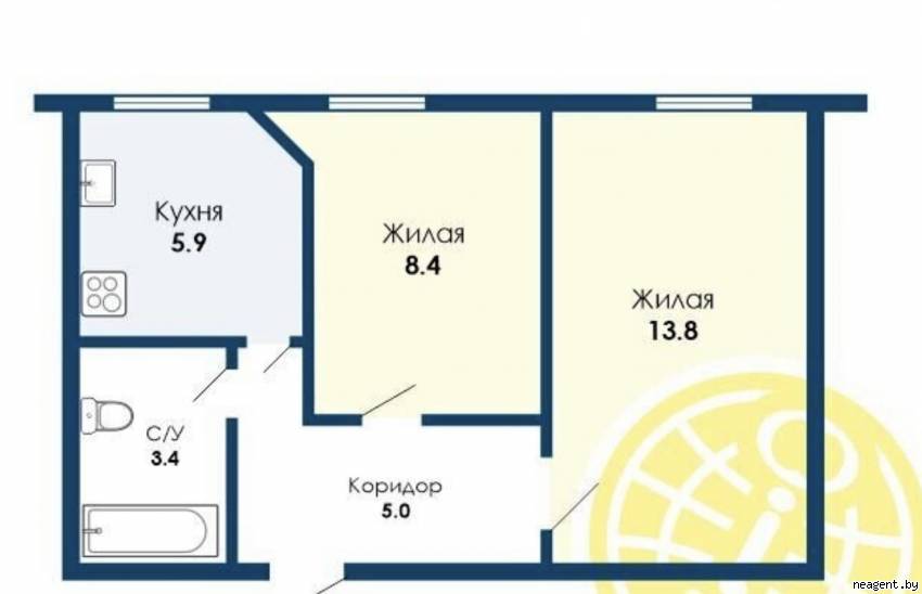 2-комнатная квартира, Минина пер., 6, 106953 рублей: фото 1