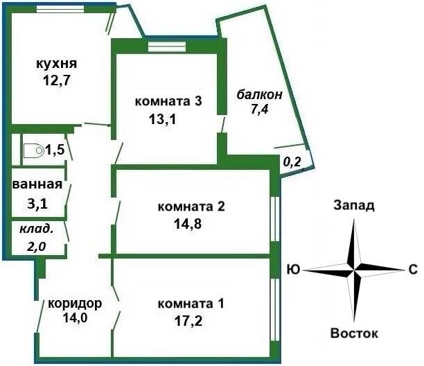 3-комнатная квартира, ул. Кунцевщина, 19, 1287 рублей: фото 1