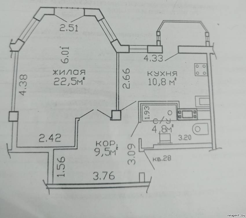 1-комнатная квартира, ул. Лещинского, 53, 980 рублей: фото 1
